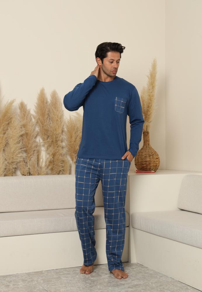 Pijama Barbati ,Maneca si Pantaloni Lungi, Culoare Albastru cu Crem,Engros